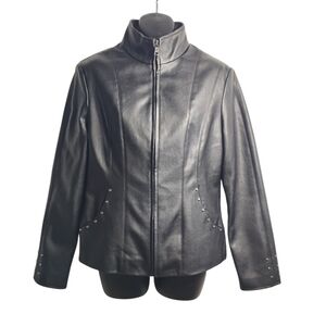 COLE BROOK Women Black Faux Leather Jacket Full Zip Stud Accents Size Small